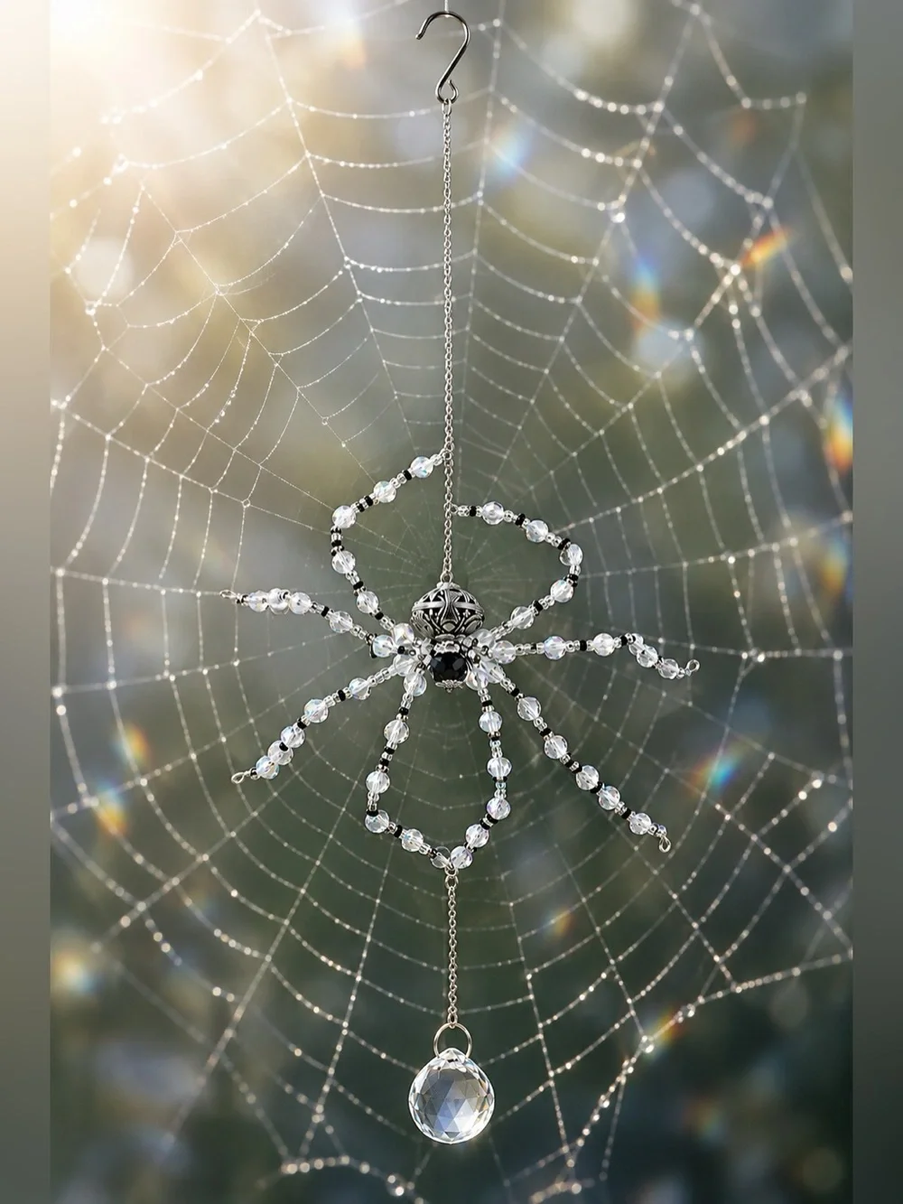 White & Black Crystal Spider Suncatcher - Clear/Silver